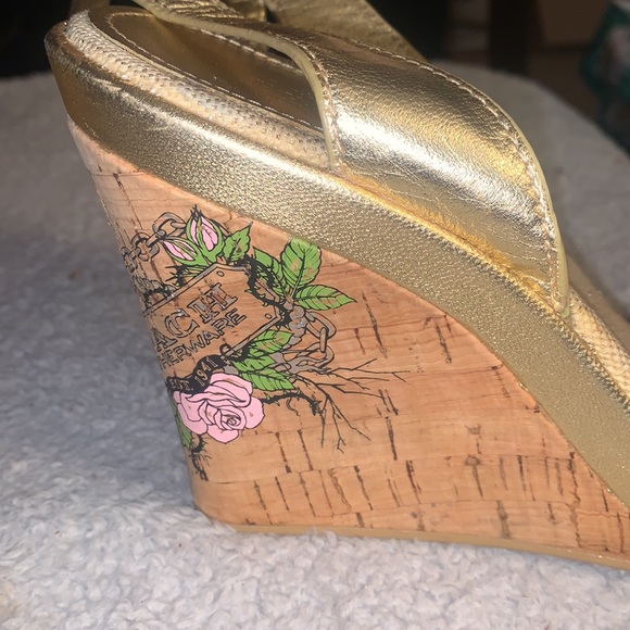 Coach,10-Gold Canvas Ankle Strap Wedges - Picture 6 of 10